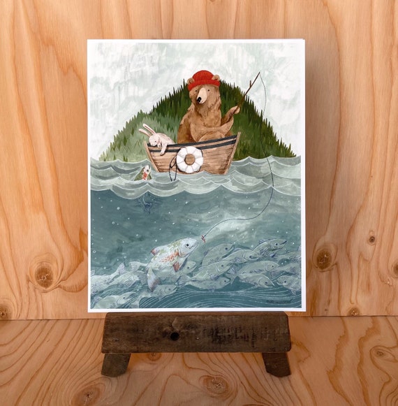 Fishing Day Print | Woodland Wall Art | Woodland Nursery Art | Fishing  Woodland Art | Kids Room Wall Art | Watercolor Wall Art