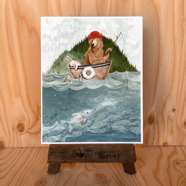 Fishing Day Print | Woodland Wall Art | Woodland Nursery Art | Fishing Woodland Art | Kids Room Wall Art | Watercolor Wall Art