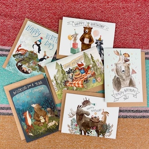 Lot de six cartes d'anniversaire (2023) | Carte d'anniversaire forêt, cartes Animal, cartes d'extérieur, cartes de voeux, lot de cartes d'anniversaire, cartes aquarelles