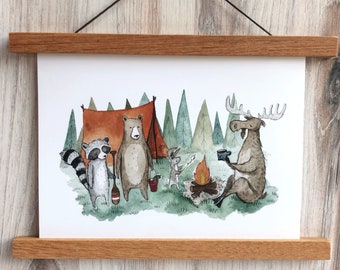 Gathering Friends Print | Watercolor Art Print | Woodland Wall Art | Woodland Nursery Art | Campfire Art Print | Outdoors Painting
