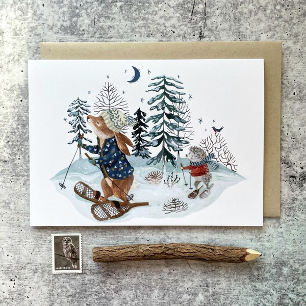 Alpine Snowshoeing Card | Outdoor Cards, Woodland Animal Cards, Whimsical Cards, Handmade Cards, Cute Cards, Scenic Cards, Winter Cards