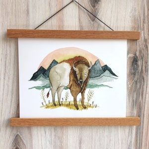 Impresión de puesta de sol de búfalo / Impresión de arte en acuarela / Arte de pared de bosque / Arte de guardería de bosque / Pintura de búfalo / Arte de acuarela de bisonte