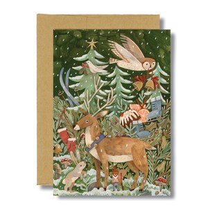 May include: A wintery forest scene with a deer, a rabbit, a squirrel, and an owl. The deer is wearing a blue collar with bells. The scene is painted in a whimsical style with a green, brown, and white color palette.