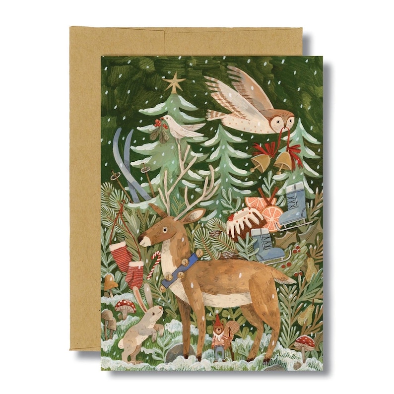 May include: A wintery forest scene with a deer, a rabbit, a squirrel, and an owl. The deer is wearing a blue collar with bells. The scene is painted in a whimsical style with a green, brown, and white color palette.