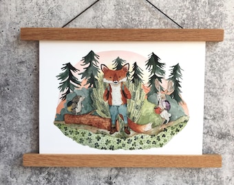 Fox Hike Print | Watercolor Art Print | Woodland Wall Art | Woodland Nursery Art | Fox Watercolor Art | Fun Outdoor Art | Kids Room Wall Art