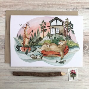 Tarjeta de flotador de río / tarjetas al aire libre, tarjetas de animales del bosque, tarjetas de felicitación caprichosas, tarjetas de verano, tarjeta de puesta de sol, tarjeta feliz, tarjeta divertida