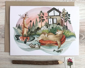 River Float Card | Outdoors Cards, Woodland Animal Cards, Whimsical Greeting Cards, Summer Cards, Sunset Card, Happy Card, Fun Card