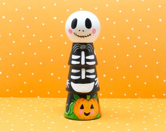Jumbo size Tom Skeleton in the Pumpkin patch, Wooden Halloween toy, Halloween decoration, halloween peg doll, Halloween for kids, Halloween