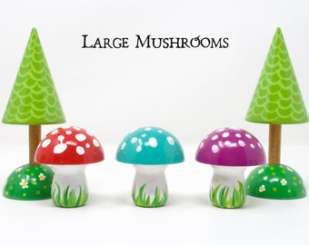 Large Mushrooms, (choice of 3 colors), wooden mushroom decoration, wooden mushroom toy, hand-painted mushroom, gnome decor, gnome mushroom