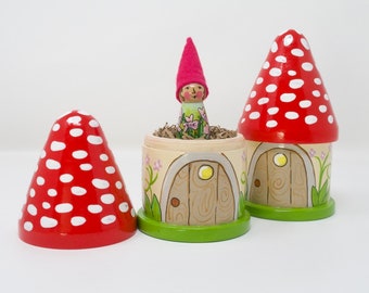 Wooden Gnome House with Flower Gnome, gnome toy, gnome house, wooden gnome toy, flower gnome toy, wooden mushroom house, gnomewerkspdx