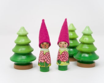 November Birth Flower Gnome- SINGLE Peony Gnome, painted flower gnome, wooden gnome toy, birthday keepsake, birthday ring, waldorf inspired
