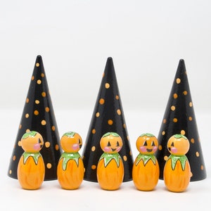 Mini Pumpkin Sprite (single figure) Halloween toy, Halloween for kids, pumpkin peg doll, handmade toy for kids, Halloween decoration,