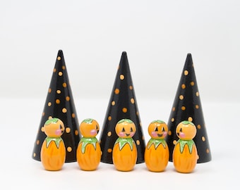 Mini Pumpkin Sprite (single figure) Halloween toy, Halloween for kids, pumpkin peg doll, handmade toy for kids, Halloween decoration,