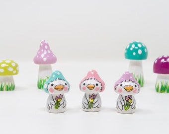 Mushie Ducky (single figure) 3 color options, wooden Ducky figure,  mushroom Ducky, mini Ducky toy, decoration, miniature mushroom,