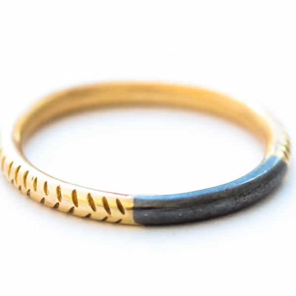 Solid 14k Yellow Gold Ring With Oxidized Sterling Silver Top, Minimal Stacking Ring, Wedding Ring
