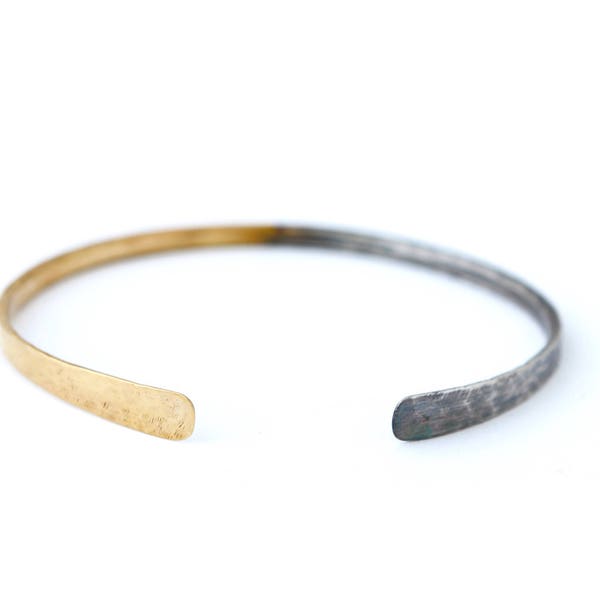 Hammered Texture Oxidized Recycled Sterling Silver and Solid 14k Yellow Gold , Stacking Adjustable Cuff Bracelet, Handmade Minimal Jewelry