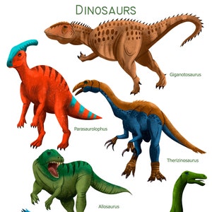 Może przedstawiać: Ilustracja przedstawiająca 6 różnych dinozaurów, w tym Troodona, Parasaurolopha, Allozaurusa, Giganotozaura, Terizinozaurusa i Gallimimusa. Dinozaury są narysowane w kreskówkowym stylu z jasnymi kolorami i szczegółowymi cechami.