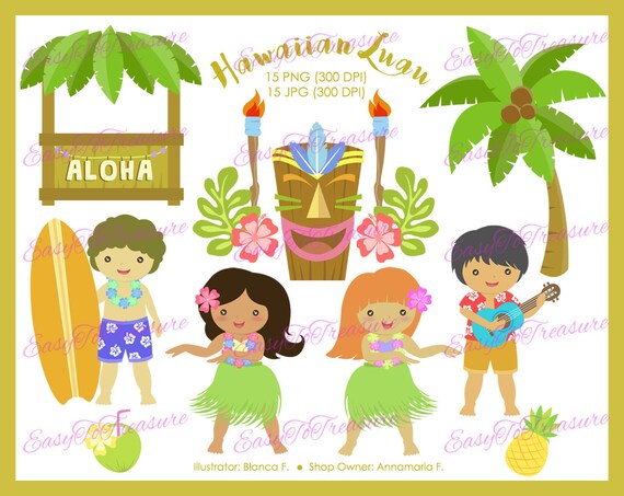 Digital Download Clipart –  Variety of 15 Hawaiian Luau Designs JPEG and PNG files