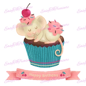 Digital Download Clipart – Happy Birthday Celebration Banner Mouse and Cupcake JPEG and PNG files