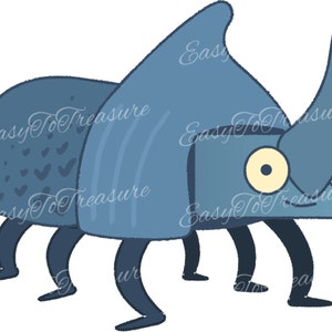 Könnte beinhalten: Ein blauer Cartoon-Käfer mit einem Nashorn-Horn und großen Augen. Der Käfer hat ein gestreiftes Muster auf dem Rücken und kleine, schwarze Beine.