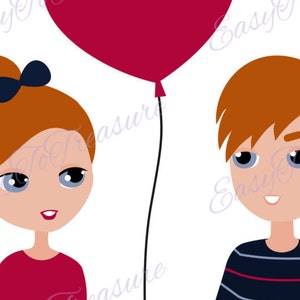 Digital Download Clipart – Valentine Clipart Young Couple with Heart Balloon JPEG and PNG files