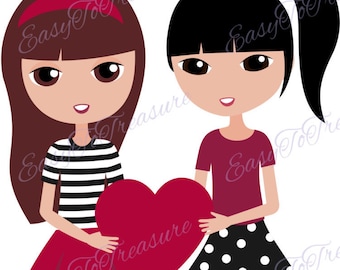 Digital Download Clipart – Valentine Clipart Girl Friends with Heart JPEG and PNG files