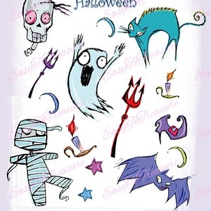 May include: A set of Halloween clip art illustrations featuring a ghost, a mummy, a bat, a skull, a cat, a trident, a candle, and stars. The illustrations are drawn in a cartoon style with black outlines and filled with various colors.