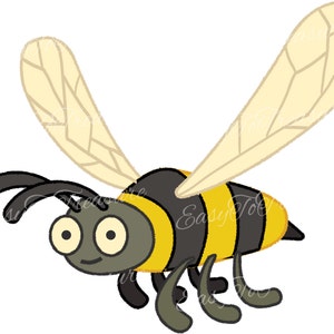 May include: A cartoon bee with black and yellow stripes, large eyes, and two wings. The bee is flying with its legs outstretched.