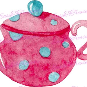May include: A pink teapot with a blue lid and blue polka dots. The teapot has a handle and a spout.