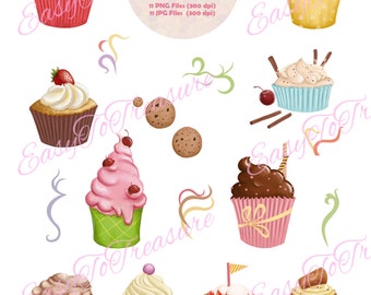 Digital Download Clipart – Variety of 11 Cupcake Designs in JPEG and PNG file formats