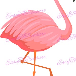 May include: A pink flamingo with a long neck and long legs standing on one leg. The flamingo is facing the right side of the image.