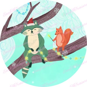 Digital Download Clipart – Raccoon in Christmas Hat with Squirrel Sitting in a Tree JPEG and PNG files