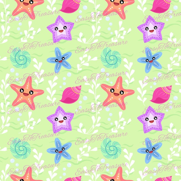 Digital Download Clipart – Wallpaper Starfish and Seashells Green JPEG and PNG files