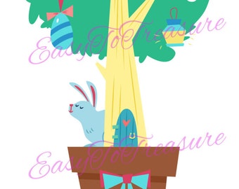 Digital Download Clipart – Easter Tree with Blue Bunny and Door JPEG and PNG files