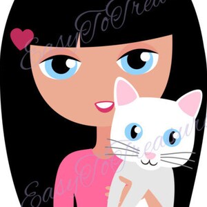 Digital Download Clipart – Valentine Clipart Girl with Kitty Cat JPEG and PNG files