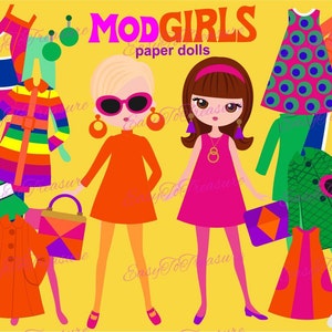 May include: A digital illustration featuring two mod girls with various outfits and accessories. The image includes the text "MOD GIRLS paper dolls" in a retro font. The color palette includes orange, pink, green, and yellow.