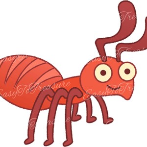 May include: A cartoon red ant with large eyes and a smiling face. The ant has six legs and two antennae.