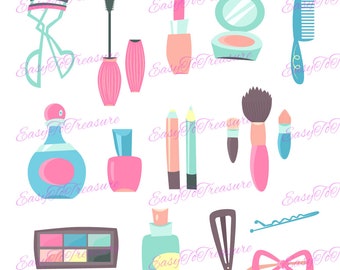 May include: A collection of colorful makeup and beauty tools, including a mascara wand, lipstick, eyeshadow palette, nail polish, perfume bottle, eyelash curler, hairbrush, makeup brushes, and hair clips.