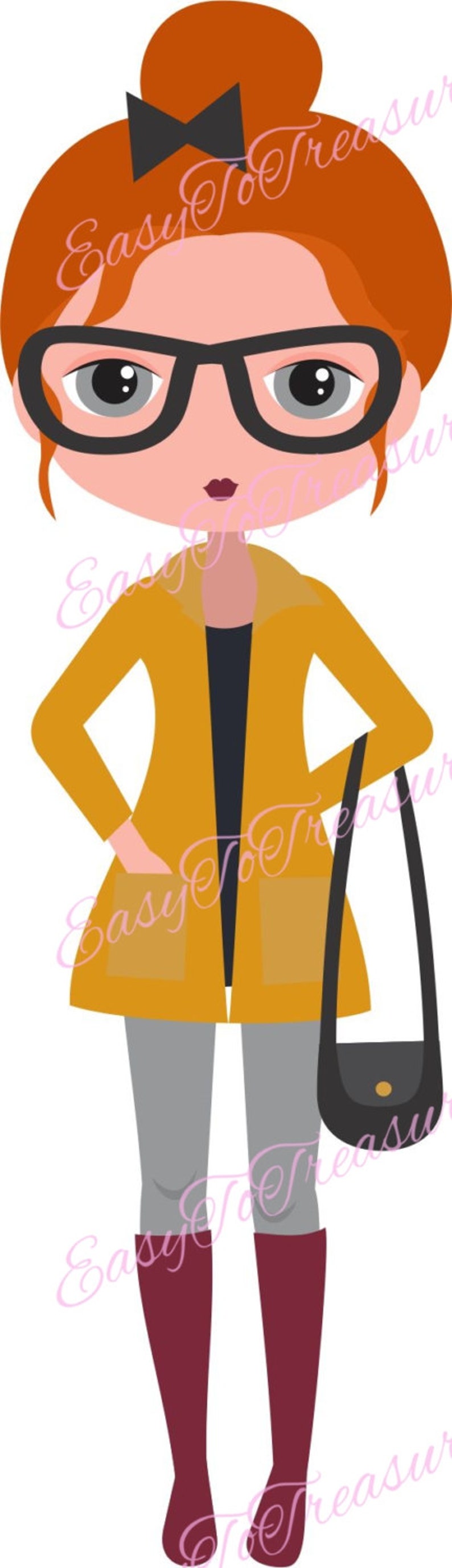 Girl With Glasses Clipart Redhead Girl Clip Art Girl With | Etsy UK