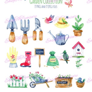 Aquarell Garten Clipart, Frühling Clipart, Gartenarbeit Clipart, sofortiger Download, Garten-Werkzeug-Kunst, Aquarell grün