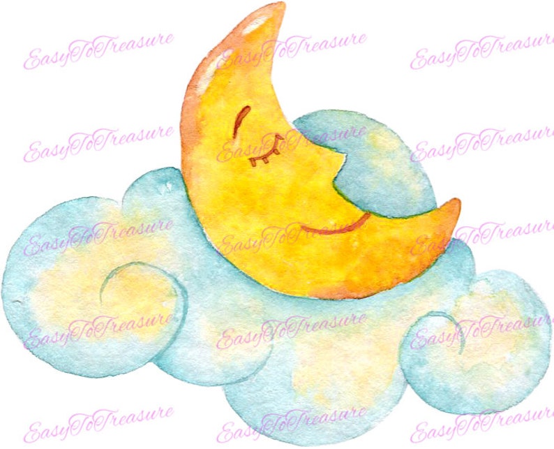 Moon Nursery Printable, Watercolor Baby Art, Nursery Art, Moon Clipart, Instant Download