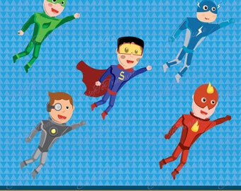 Digital Download Clipart – Variety of 5 Super Hero Boys Flying and 3 (12X12) Background Textures JPEG and PNG files