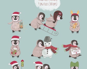 Cute penguins clip art, Christmas penguin clipart, Holiday penguin clip art, digital download clip art, penguin snowman clip art