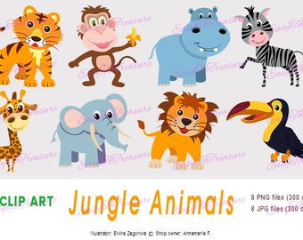 Digital Download Clipart – Variety of  8 Jungle Animals designs in JPEG and PNG file formats