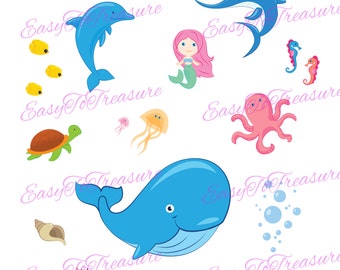 Digital Download Clipart – 18 Ocean Marine Sea Creatures Clipart JPEG and PNG files