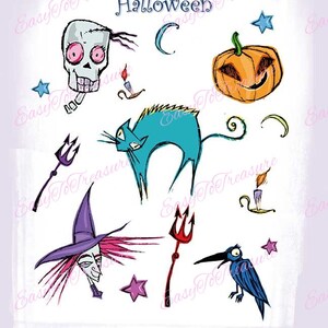 May include: Halloween clip art set featuring a witch, a cat, a skull, a pumpkin, a bird, and stars. The witch has a purple hat and pink hair. The cat is blue. The skull is white with pink eyes. The pumpkin is orange with a scary face. The bird is blue with a long beak. The stars are yellow.
