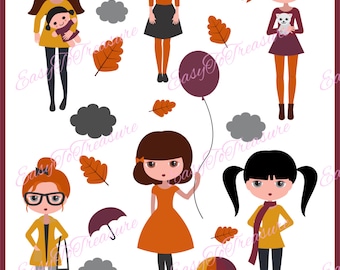 Höstflicka clipart, höst clipart, höstlöv clipart, höstillustration, höstmodedockor, kommersiellt bruk