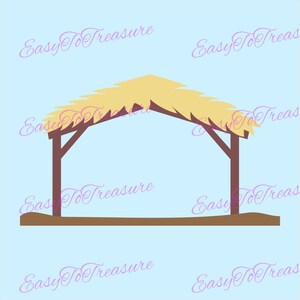 May include: A simple brown wooden manger with a straw roof. The manger is set against a light blue background.