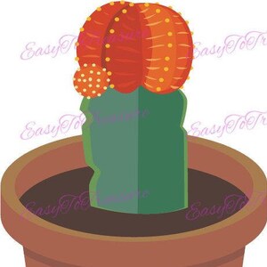 Könnte beinhalten: Ein roter und orangefarbener Kaktus mit gelben Flecken in einem braunen Terrakotta-Topf. Der Kaktus hat einen grünen Stiel und eine runde, stachelige Spitze.