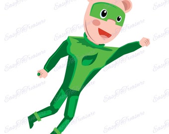 Digital Download Clipart – Green Superhero Boy with Mask Flying JPEG and PNG files